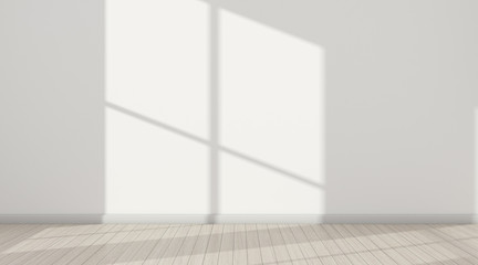 3D stimulate of white room interior and wood plank floor with sun light cast  the window shadow on the wall,Perspective of minimal design architecture	