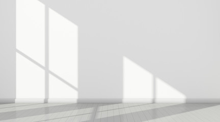 3D stimulate of white room interior and wood plank floor with sun light cast  the window shadow on the wall,Perspective of minimal design architecture	