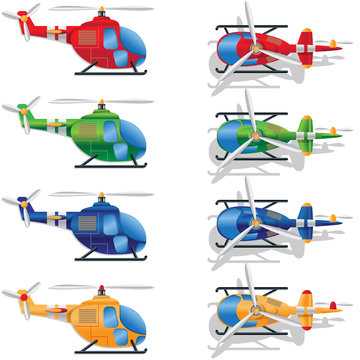 A set of multi-colored helicopters on white background. Vector illustration.