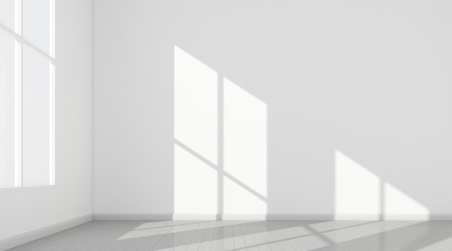 3D stimulate of white room interior and wood plank floor with sun light cast  the window shadow on the wall,Perspective of minimal design architecture	