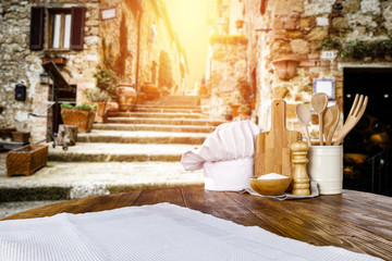 Desk of free space and tuscany landscape 