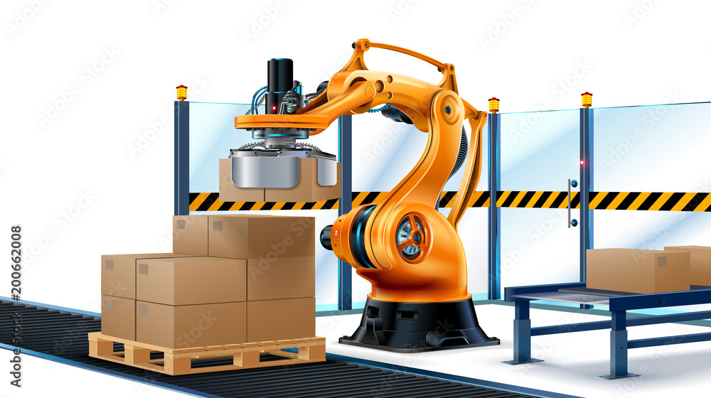 Poster Robot Palletizing systems, Robotic arm loading cartons on pallet. Boxes on conveyor of manufacture. Automate processes production on factory, Logistics technology industry.