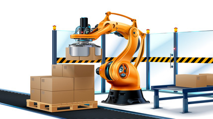 Robot Palletizing systems, Robotic arm loading cartons on pallet. Boxes on conveyor of manufacture. Automate processes production on factory, Logistics technology industry.