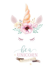 Isolated cute watercolor unicorn clipart with flowers. Nursery unicorns illustration. Princess rainbow poster. Trendy pink cartoon pony horse. © kris_art
