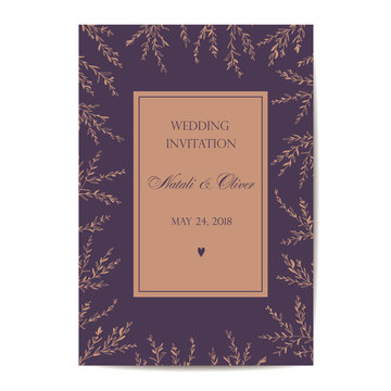 Wedding invitation lilac with twigs and leaves vector. Template for your holiday.