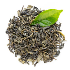 Green tea leaf isolated on white background.