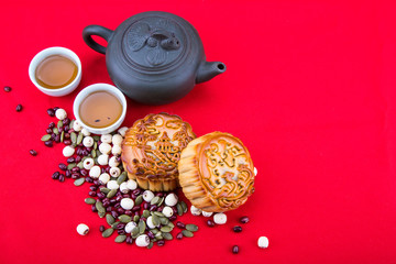 Mid-Autumn festival Chinese mooncake  with ingredients and tea