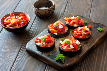 Eggplants, tomatoes , sweet peppers and ricotta snack