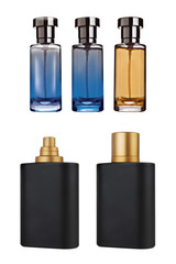 Men perfume collection of various bottles, isolated on white background, clipping paths included