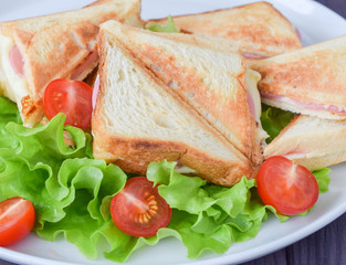hot sandwiches with cheese and ham with lettuce and cherry tomatoes