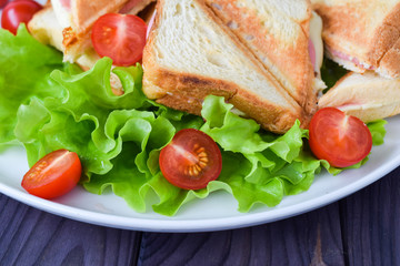 hot sandwiches with cheese and ham with lettuce and cherry tomatoes