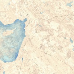 Cartina Siria e confini, cartina fisica Medio Oriente, penisola arabica, cartina con rilievi e montagne e mar Mediterraneo. Cartina su pergamena. Cartina disegnata a mano