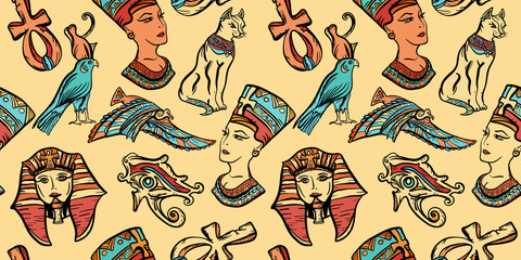 Obraz premium Ancient Egypt art pattern. Classic flash tattoo style Egypt, patches and stickers. Ancient Egypt vintage seamless pattern, old school tattoo. Pharaoh, ankh, eye Ra, Nefertiti, cat