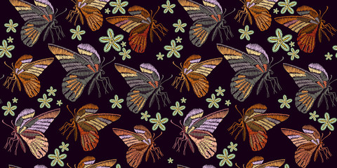 Beautiful vintage butterflies classical embroidery seamless background template for clothes, textiles, t-shirt design. Butterflies and flowers embroidery seamless pattern