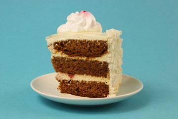 chocolate cake and cup of coffee on the blue background