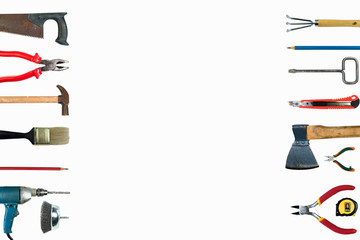 Many Tools isolated on white background. Top view.