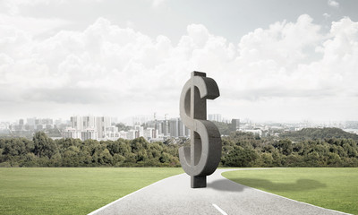Money making and wealth concept presented by stone dollar symbol on asphalt road