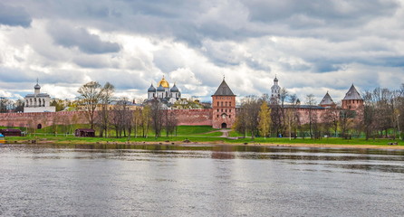 The ancient architecture of the ancient Russian city of Veliky Novgorod on the banks of the Volkhov River