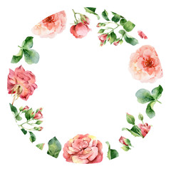 Watercolor round floral frame of roses - 200671287