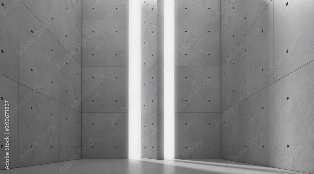 Fototapete Abstract of architecture space with rhythm of concrete block with sun light cast shadow on the cement floor,3D render.