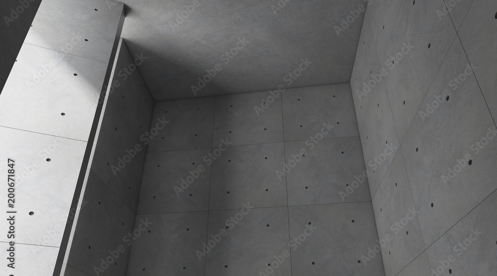 Poster Abstract of architecture space with rhythm of concrete block with sun light cast shadow on the cement floor,3D render.