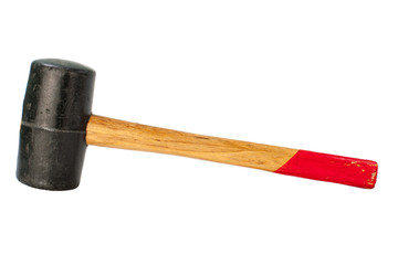 used black Rubber Mallet with red wooden handle isolated on white background