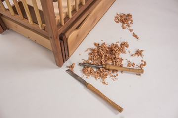 wooden furniture sawdust and wood tool isolated on white background with space for copy or text