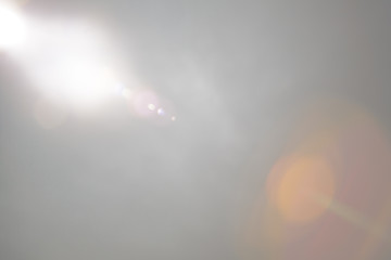 Solar camera lens flare light create ring of objective iris shapes of different rainbow colors depending on used antireflection coating of each lens surface on white background