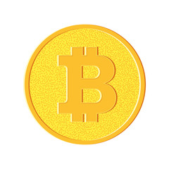 Coin of golden bitcoin. Farm for the production of crypto currency, mining. Virtual money. Flat vector cartoon illustration. Objects isolated on white background.