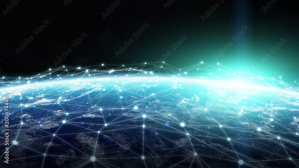 Poster Connections system and datas exchanges on planet Earth 3D rendering