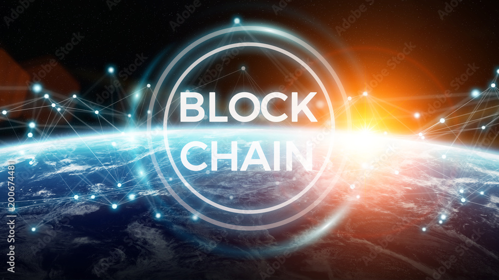 Aufkleber blockchain on planet earth 3d rendering