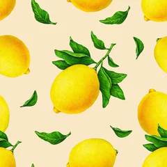 Printed kitchen splashbacks Watercolor fruits Illustration of beautiful yellow lemon fruits on a branch with green leaves on an orange background. Watercolor drawing seamless pattern for design
