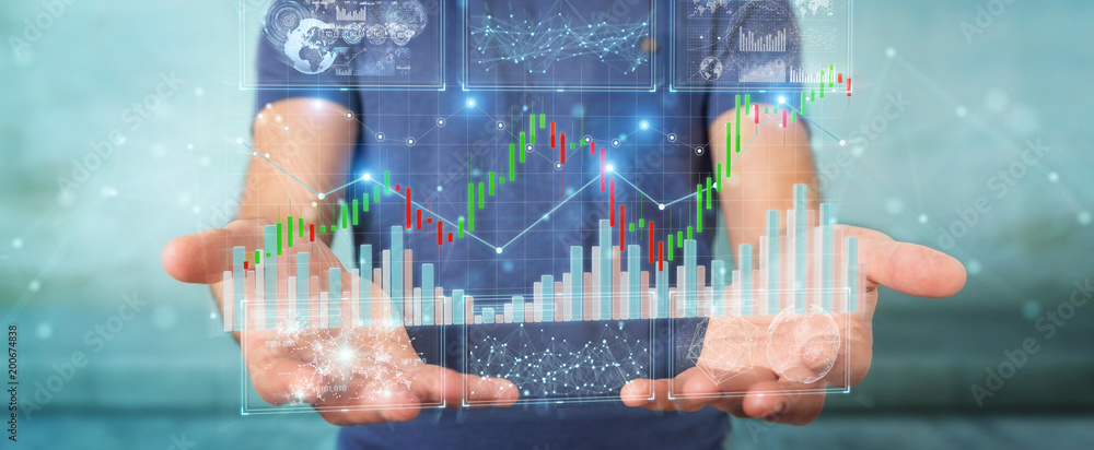 Poster Businessman using 3D rendering stock exchange datas and charts