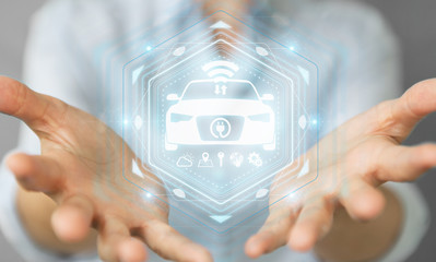 Businesswoman using modern smart car interface 3D rendering