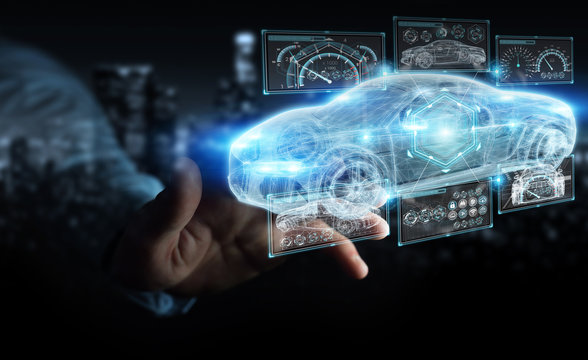Fototapeta Businessman using modern smart car interface 3D rendering
