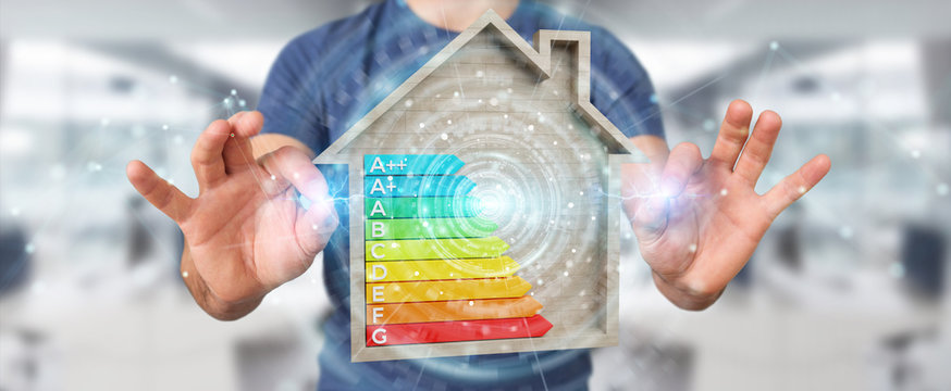Businessman using 3D rendering energy rating chart in a wooden house