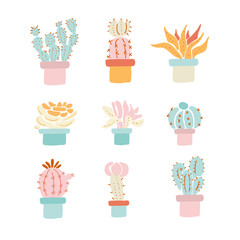 Cactus sketch print. Cactus vector set.