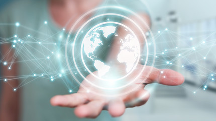 Businesswoman using planet earth network sphere 3D rendering