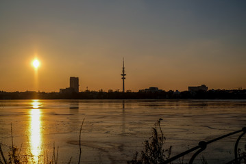 Naklejka premium sunset on the coast in Hamburg, Germany, TV tower