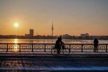 sunset on the coast in Hamburg, Germany, TV tower