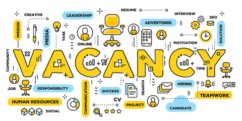 Vector creative illustration of vacancy yellow word lettering typography with line icons and tag cloud on white background. Hiring people concept.