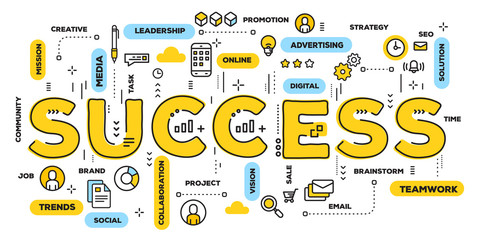 Vector creative illustration of success yellow word lettering typography with line icons and tag cloud on white background. Successful development concept.