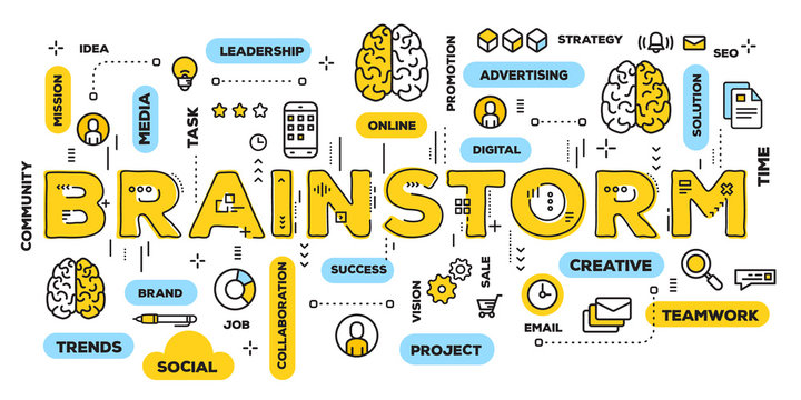 Vector creative illustration of brainstorm yellow word lettering typography with line icons and tag cloud on white background. Brainstorming concept.