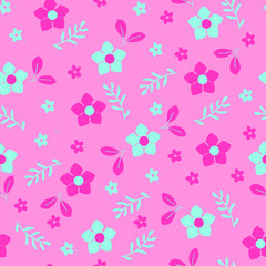 Vector Illustration. Flowers background. Paint green and pink flowers pattern on pink background