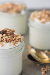 Yoghurt with granola made of oats, raisins, puffed rice, chocolate and dried bananas. Healthy breakfast for family.