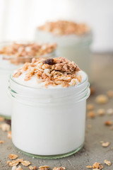 Yoghurt with granola made of oats, raisins, puffed rice, chocolate and dried bananas. Healthy breakfast for family.