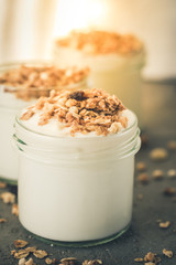 Yoghurt with granola made of oats, raisins, puffed rice, chocolate and dried bananas. Healthy breakfast for family.