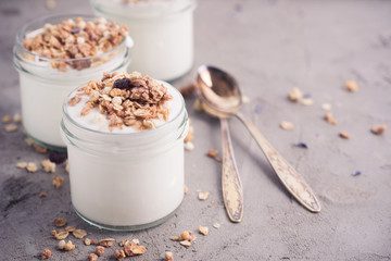 Yoghurt with granola made of oats, raisins, puffed rice, chocolate and dried bananas. Healthy breakfast for family.