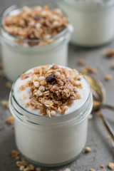 Yoghurt with granola made of oats, raisins, puffed rice, chocolate and dried bananas. Healthy breakfast for family.