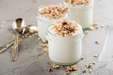 Yoghurt with granola made of oats, raisins, puffed rice, chocolate and dried bananas. Healthy breakfast for family.